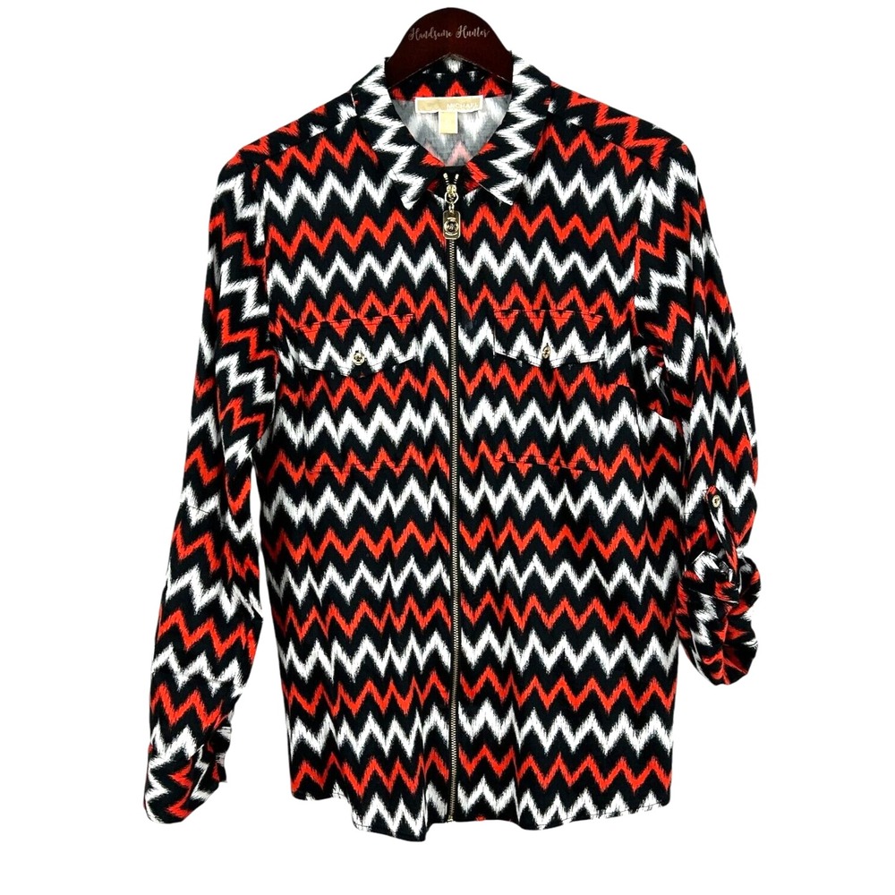 Michael Kors Blouse Women 10 Red Black White EUC Chevron Zip Front Roll Tab